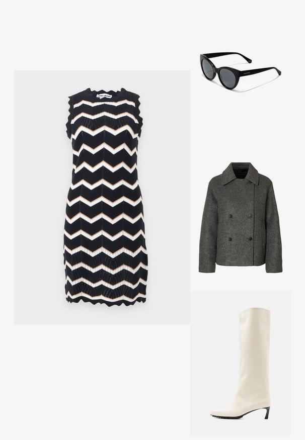 Grå uld dobbeltmaget frakke med en bred krave og fire sorte knapper, med lange ærmer og en lige kant.; Ærmeløs sort strikket kjole med hvide og beige zigzag-striber, bølgede kanter og DKNY Jeans-mærke ved nakken.; Knæhøj hvid støvle lavet af glat materiale med spids tå og slank sort hæl. Har et enkelt design og minimal branding.; Kattøje-solbriller med sorte plastrammer, grå tonede linser og glat overflade. Har logo på venstre arm og buede stænger.