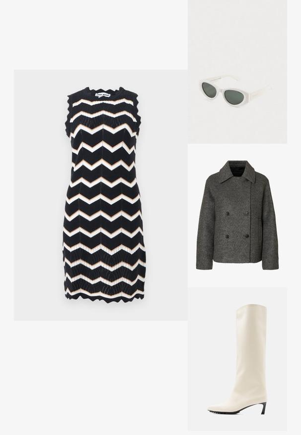 Grå uld dobbeltmaget frakke med en bred krave og fire sorte knapper, med lange ærmer og en lige kant.; Ærmeløs sort strikket kjole med hvide og beige zigzag-striber, bølgede kanter og DKNY Jeans-mærke ved nakken.; Knæhøj hvid støvle lavet af glat materiale med spids tå og slank sort hæl. Har et enkelt design og minimal branding.; Hvide katteøje-solbriller med mørke polariserede linser og en ramme af genanvendt polycarbonat på en ensfarvet hvid baggrund.