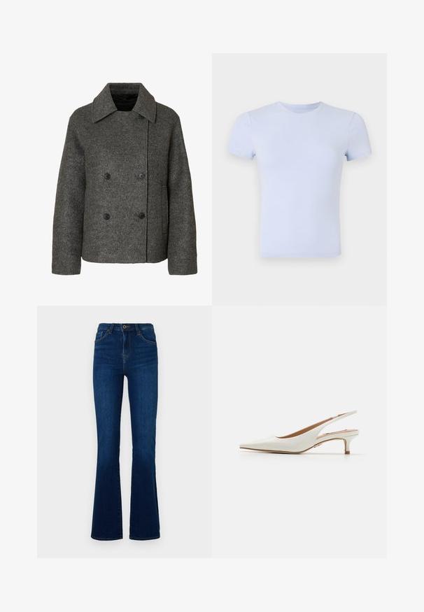 Grå uld dobbeltmaget frakke med en bred krave og fire sorte knapper, med lange ærmer og en lige kant.; Good American SUPER STRETCH BABY TEE - T-shirts basic - periwinkle; Mørkeblå flared jeans lavet af denim med høj talje, der har forlommer, lynlås og subtile syninger.; Steve Madden KARI - Pumps - white