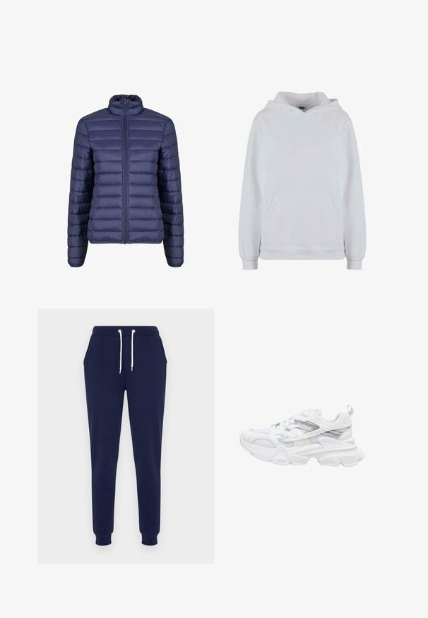 Doudoune bleu marine avec un col montant, design matelassé et fermeture éclair à l'avant. Texture lisse avec des panneaux horizontaux uniformément espacés.; Sweatshirt à capuche blanche en mélange de coton. Présente des manches longues, une poche kangourou sur le devant et des bords côtes aux poignets et à l'ourlet.; Pantalon de survêtement bleu marine en tissu doux, doté d'une ceinture élastique avec cordons blancs et de poches latérales. Coupe fuselée aux jambes.; Baskets de sport blanches à semelle épaisse, dessus en mesh et synthétique, accents argentés, avec le logo "BUFFALO" sur le côté.