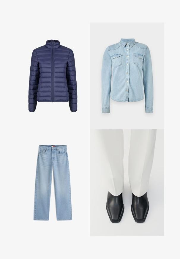 Doudoune bleu marine avec un col montant, design matelassé et fermeture éclair à l'avant. Texture lisse avec des panneaux horizontaux uniformément espacés.; Chemise en denim bleu clair avec une fermeture à boutons, deux poches poitrine et des manches longues. Présente un col pointu et des coutures contrastées.; Jean en denim bleu clair à jambes droites avec poches avant, passants de ceinture et fermeture par bouton et fermeture éclair.; Bottines en cuir noir avec un bout pointu et un petit talon empilé, associées à un pantalon large blanc. Texture lisse, design épuré.