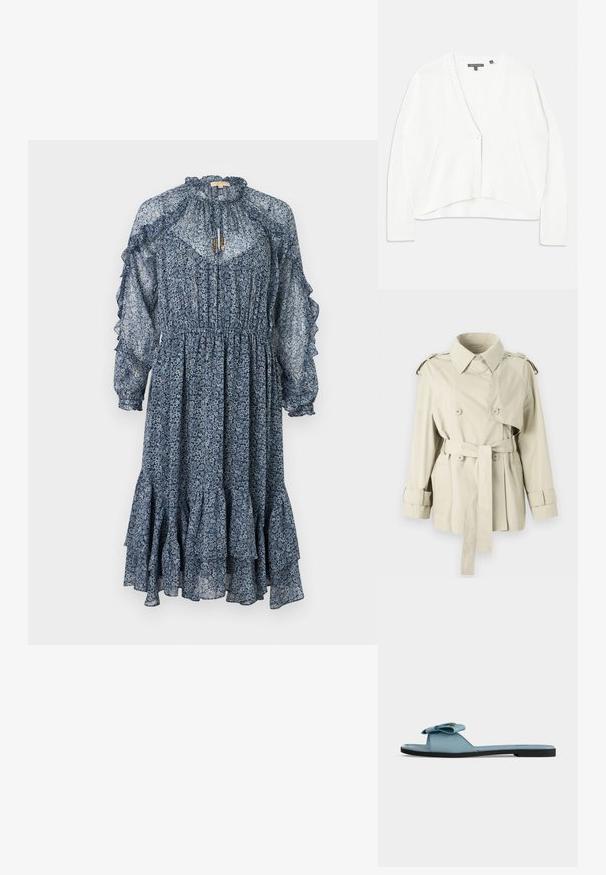 Beige trench coat med dobbeltbrystede knapper, bæltet talje og skulderepaulettes. Har en klassisk krave og manchetremme.; Hvid strikket cardigan med dyb V-hals, ribbede manchetter og kant. Har to sidelommer og knaplukning foran.; Blå blomsterkjole med lange ærmer, flæsekant, indsnøret talje, høj hals med snøre og flæsedetaljer på ærmerne.; Flad lys blå slidesandal med sort sål og dekorativ sløjfe på bred rem over foden, vist i sidevisning på hvid baggrund.