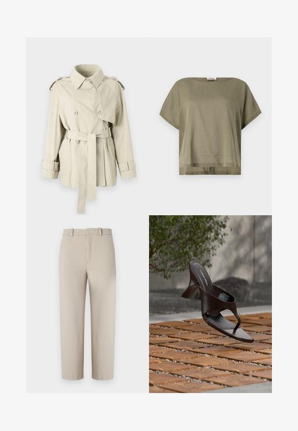 Beige trench coat med dobbeltbrystede knapper, bæltet talje og skulderepaulettes. Har en klassisk krave og manchetremme.; Oliven grøn, kortærmet top lavet af letvægtsstof, med en løs pasform og lige kant. Minimalistisk design med rund halsudskæring.; Beige cropped bukser, skræddersyet design, flad foran med skjult lynlås, to sidelommer, lavet af glat bomuldsblandet stof.; Brun Calvin Klein hælet thong sandal svævende over træflise og grus udendørs med sløret grønt og stenmur i baggrunden.