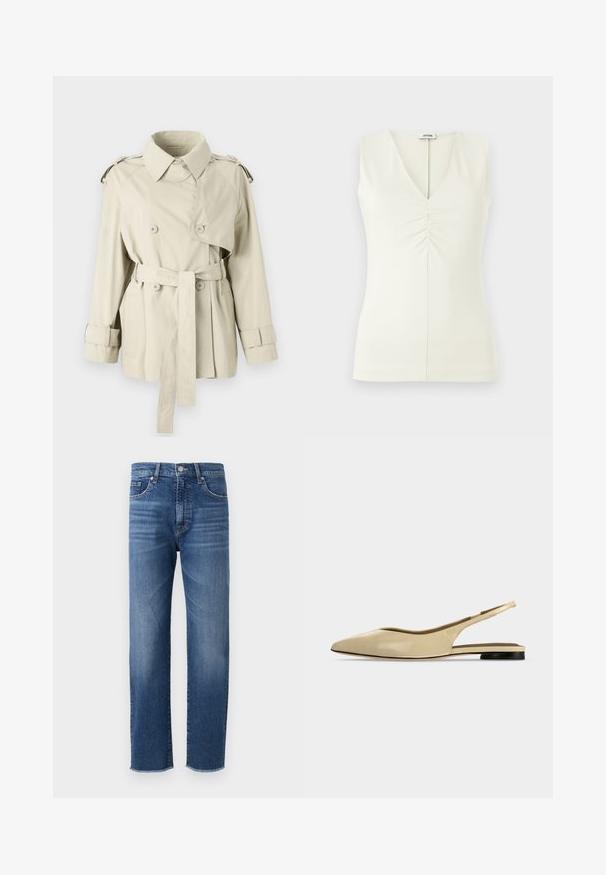Beige trenchcoat met dubbele knopen, een ceintuur op de taille en schouderepauletten. Heeft een klassieke kraag en manchetbanden.; Mouwloos topje met een V-hals, gemaakt van lichtcrème stof. Bevat gathered details in het midden en een getailleerd silhouet.; Blauwe denim jeans met een recht gesneden ontwerp, voorzien van een vervaagde afwerking, vijf zakken en een rafelige zoom.; Beige platte slingback schoen met puntige neus, lage zwarte hak en een glad leren afwerking, zijaanzicht op een effen achtergrond.