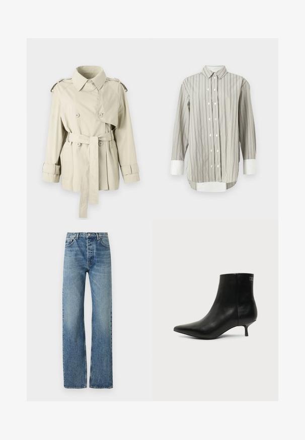 Beige trench coat med dobbeltbrystede knapper, bæltet talje og skulderepaulettes. Har en klassisk krave og manchetremme.; Stribet skjorte i grå og hvid, med klassisk krave, knaplukning med hvide knapper og kontrasterende hvide manchetter. Lange ærmer.; Lyseblå, høj talje jeans med lige ben, lavet af denimstof. Har klassisk fem-lomme design og sølv hardware.; Sort læder ankelstøvle med spids tå og lav kitten hæl på lys baggrund, der viser yderside.