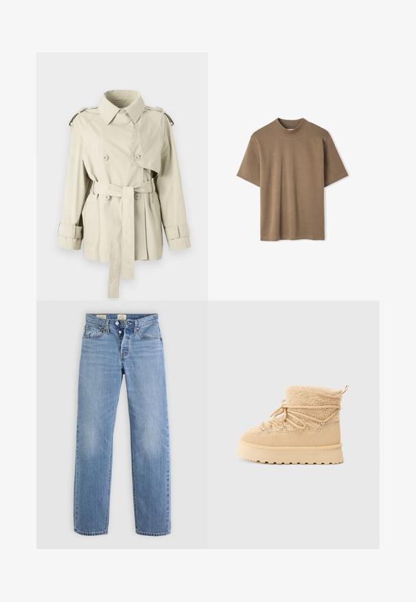 Beige trenchcoat met dubbele knopen, een ceintuur op de taille en schouderepauletten. Heeft een klassieke kraag en manchetbanden.; Bruin T-shirt met korte mouwen en een hoge hals, gemaakt van zachte stof, met een relaxte pasvorm en minimale stikseldetails.; Lichtblauwe denim jeans met een recht model, metalen knoopsluiting, zijzakken en subtiele vervagingdetails doorheen.; Beige enkellaars van zacht suede met een pluche sheepskin bovenwerk, voorzien van een gewatteerde kraag en ronde veters, en een dikke, gestructureerde zool.