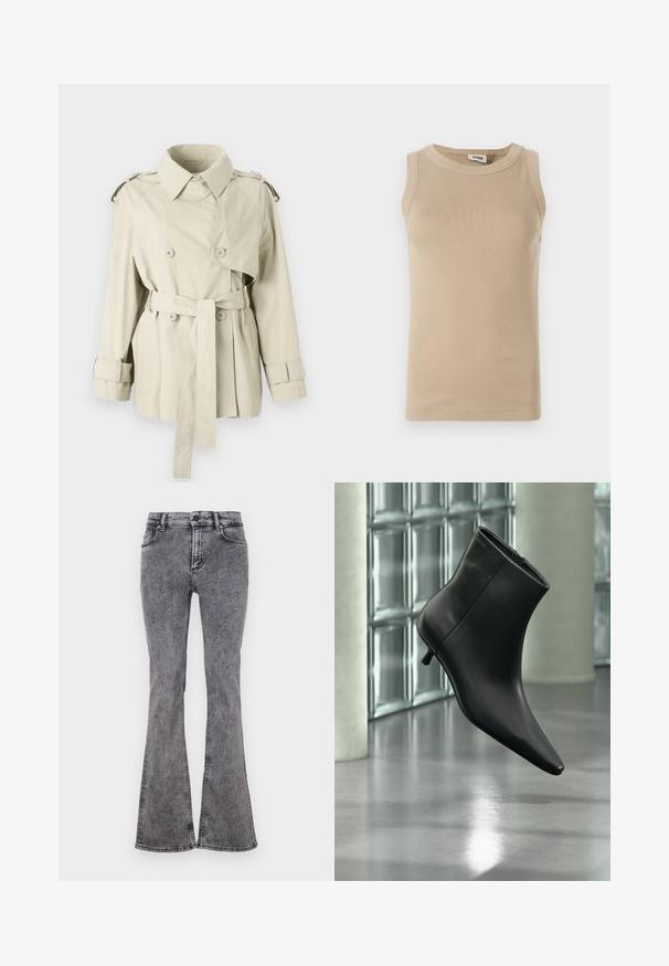 Beige trench coat med dobbeltbrystede knapper, bæltet talje og skulderepaulettes. Har en klassisk krave og manchetremme.; Beige ærmeløs top lavet af ribbet stof med rund hals, der har tonale stikninger og en tætsiddende design.; Udfoldede sorte jeans lavet af denim med en falmet vask, der har fem lommer, lynlås og kontrastsyninger langs sømmene.; Sort læderankelstøvle med spids tå og lav kitten-hæ, vist vinklet mod en poleret gulv- og glasblokvæg.