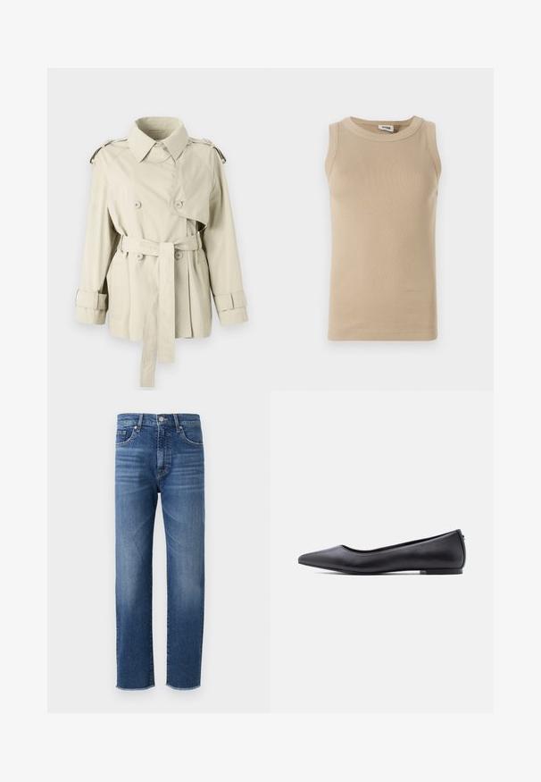 Beige trench coat med dobbeltbrystede knapper, bæltet talje og skulderepaulettes. Har en klassisk krave og manchetremme.; Beige ærmeløs top lavet af ribbet stof med rund hals, der har tonale stikninger og en tætsiddende design.; Blå denimjeans med straight-leg design, featuring en falmet finish, fem-lomme styling og en frynset kant.; Sort flad lædersko med spidst tåparti og lav hæl, vist i sideprofil mod en hvid baggrund.
