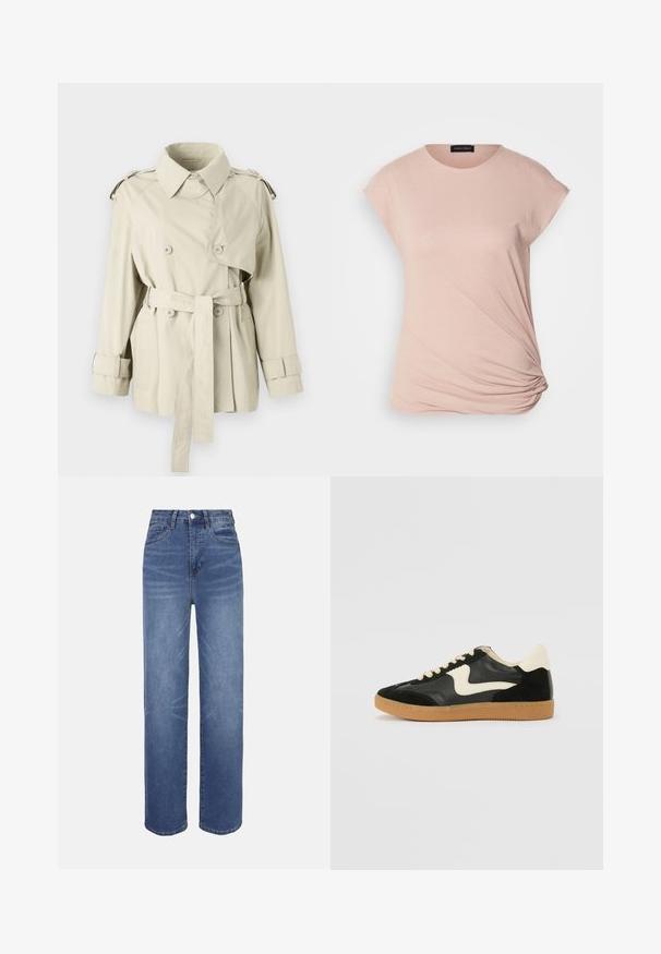 Beige trench coat med dobbeltbrystede knapper, bæltet talje og skulderepaulettes. Har en klassisk krave og manchetremme.; Lyserød t-shirt med korte cap ærmer, lavet af blødt materiale; har en samlet detalje ved kanten.; Lyseblå denimjeans med højtaljet, lige ben, fem-lomme-design og subtile falmede detaljer i hele stoffet.; Sorte ruskinds- og lædersneakers med en cremefarvet side-swoosh og lys cremefarvet hæl. Har beige snørebånd og en gummirubber-sål.