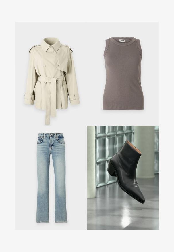 Trench beige con botones de doble fila, cintura ceñida y hombreras. Presenta un cuello clásico y correas en los puños.; Top de tirantes gris con cuello redondo y diseño sin mangas, confeccionado en una suave tela texturizada. Silueta simple y ajustada.; Jeans de mezclilla azul claro con un diseño de pierna acampanada, que cuentan con cinco bolsillos, presillas para cinturón y un acabado desgastado.; Botín de piel negra con puntera puntiaguda y tacón cuadrado que levita sobre un suelo gris reflectante cerca de una pared de bloques de cristal.
