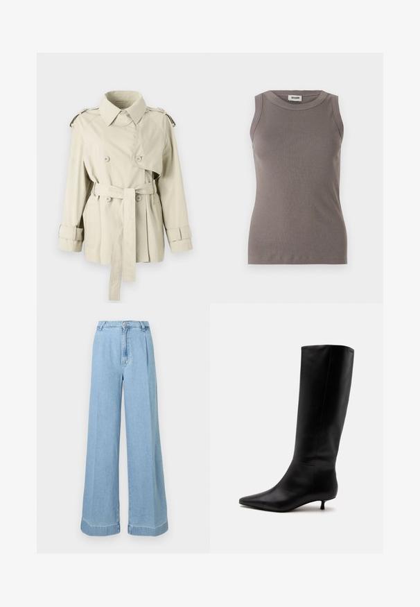 Beige trenchcoat met dubbele knopen, een ceintuur op de taille en schouderepauletten. Heeft een klassieke kraag en manchetbanden.; Grijze geribbelde tanktop met een ronde halslijn en mouwloos ontwerp, gemaakt van een zachte, gestructureerde stof. Eenvoudige, getailleerde silhoutte.; Lichtblauwe denim wijde jeans met een hoge taille, plooien aan de voorkant en een ruwe zoom voor een casual uitstraling.; Zwarte leren kniehoge laars met puntige neus en lage kittenhak tegen een effen lichte achtergrond.