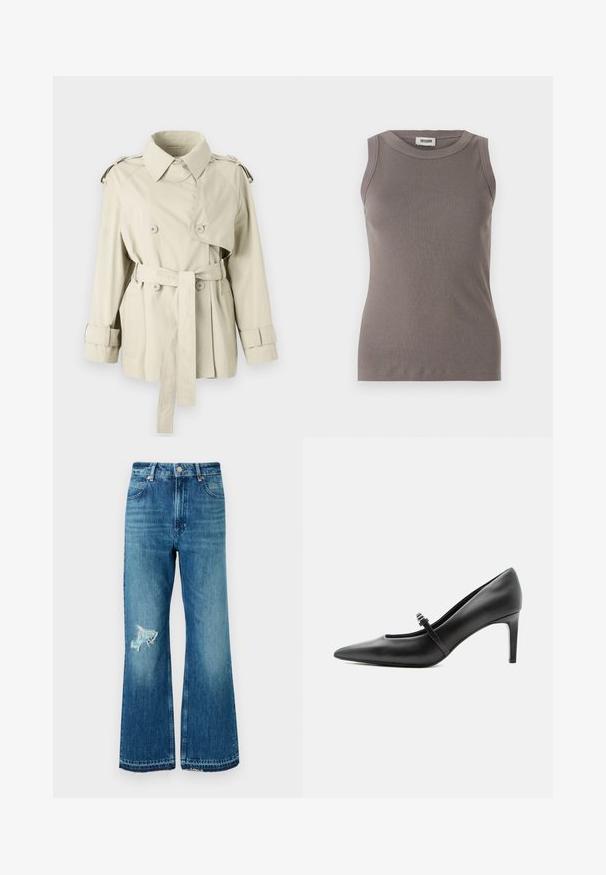 Trench beige con botones de doble fila, cintura ceñida y hombreras. Presenta un cuello clásico y correas en los puños.; Top de tirantes gris con cuello redondo y diseño sin mangas, confeccionado en una suave tela texturizada. Silueta simple y ajustada.; Jeans de mezclilla azul de campana con un dobladillo deshilachado y un parche desgastado en el muslo izquierdo. Presentan un diseño clásico de cinco bolsillos y botones metálicos.; Zapato de tacón alto de cuero negro con punta puntiaguda, con tira fina y hebilla sobre el empeine, sobre fondo claro y neutro.