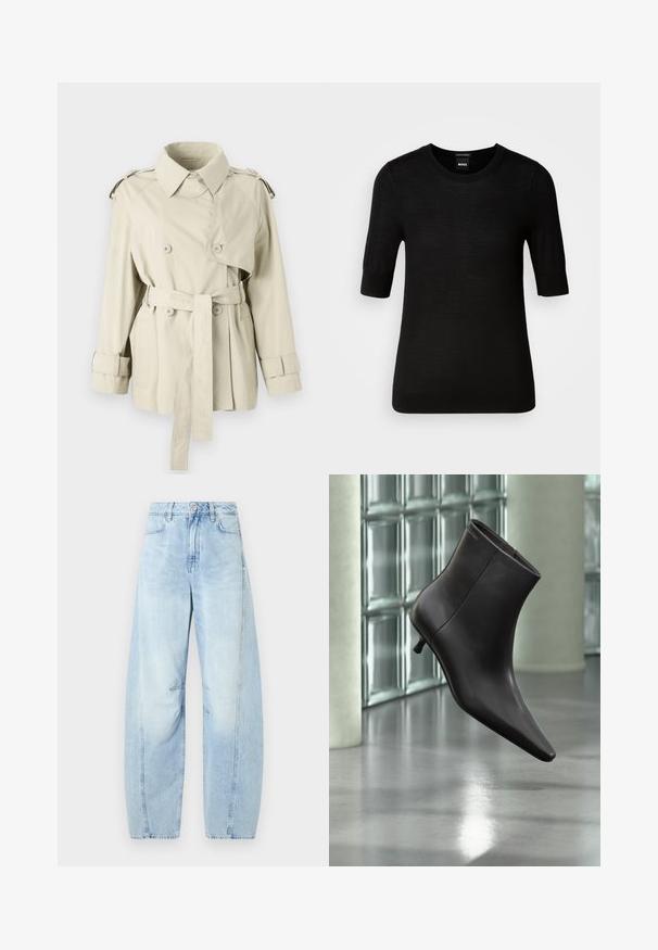 Trench beige con botones de doble fila, cintura ceñida y hombreras. Presenta un cuello clásico y correas en los puños.; Suéter negro de manga corta hecho de fina lana merina. Cuello redondo, corte ajustado, textura suave, diseño minimalista, sin patrones o acentos visibles.; Pantalones vaqueros de tiro alto en denim azul claro, con corte ancho, que cuentan con un cierre de botón, bolsillos delanteros y un ligero desgastado.; Bota de cuero negro para el tobillo con puntera puntiaguda y tacón pequeño, exhibida frente a una pared de bloques de vidrio y un suelo pulido.