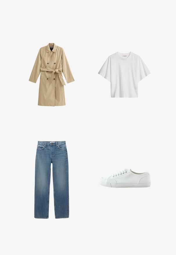 Beige trenchcoat van lichtgewicht stof, met een dubbele rij knopen, een ceintuur in de taille, twee zijzakken en een gevoerde kraag.; Witte katoenen T-shirt met korte mouwen, losse pasvorm, ronde hals en merkembleem aan de binnenkant van de kraag.; Lichtblauwe denim jeans met een rechte snit, vijf zakken en koperen hardware. De stof heeft een lichte vervaging en een gladde textuur.; Witte lage canvas sneaker met vetersluiting aan de voorkant, rubberen zool en een getextureerde neuskap, weergegeven vanaf de buitenkant op een witte achtergrond.