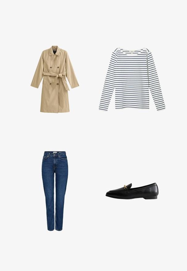 Beige trenchcoat van lichtgewicht stof, met een dubbele rij knopen, een ceintuur in de taille, twee zijzakken en een gevoerde kraag.; Wit shirt met lange mouwen en marineblauwe horizontale strepen. Voorzien van een brede bootnek en zachte katoenen stof. Eenvoudig ontwerp met geribbelde manchetten.; Donkerblauwe spijkerbroek met rechte pijpen, hoge taille, vijf zakken, lichte stiksels en een subtiele textuur.; Zwarte leren loafers met een spitse neus, voorzien van een gouden sluiting. De schoen heeft een lage hak en een gladde textuur.