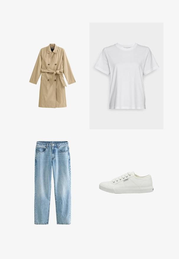 Beige trenchcoat van lichtgewicht stof, met een dubbele rij knopen, een ceintuur in de taille, twee zijzakken en een gevoerde kraag.; Witte katoenen t-shirt met korte mouwen, ronde hals en een ontspannen pasvorm. Soepele textuur, zonder patroontjes of graphics, basisontwerp.; Lichtblauwe denim jeans met een relaxte pasvorm. Beschikt over vier zakken, een klassieke knoopsluiting en minimale vervaging voor een uniforme textuur.; Witte canvas sneakers met ronde neus, zes veters, textuur zijpanelen en rubberen zool. Klein merkje aan de zijkant.