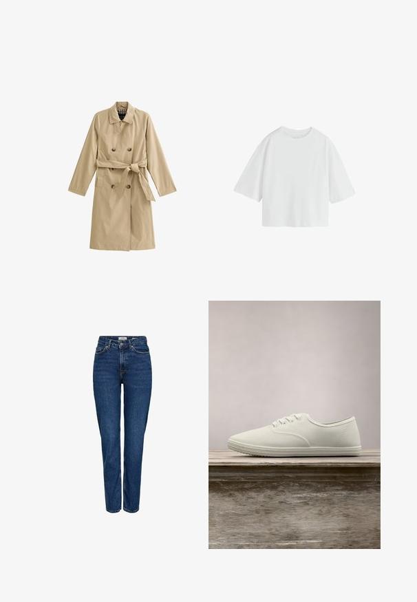Beige trenchcoat van lichtgewicht stof, met een dubbele rij knopen, een ceintuur in de taille, twee zijzakken en een gevoerde kraag.; Effen witte oversized T-shirt met korte mouwen, een ronde hals en een losse pasvorm.; Donkerblauwe spijkerbroek met rechte pijpen, hoge taille, vijf zakken, lichte stiksels en een subtiele textuur.; Witte canvas sneakers met een ronde neus, zes veterogen en een gestructureerde rubberen zool, zwevend boven een houten oppervlak met groene gras op de achtergrond.