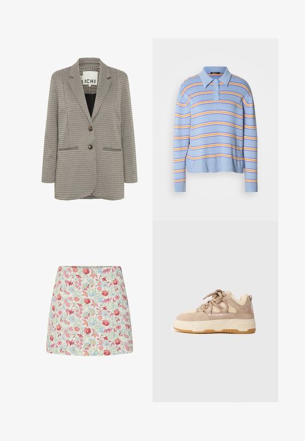 Ruudullinen bleiseri beige ja musta. Rakenne, jossa on lovetut kaulukset, kaksi etutaskua ja edessä kaksi ruskeaa nappia.; Vaaleansininen raitainen pooloneule, jossa on kolme nappia ja vaakasuorat raidat valkoisena, oranssina ja syvän sinisenä. Pehmeä neulospinta.; A-linjainen hame, jossa kukkakuosi: vaalean kerma tausta, pinkkejä, punaisia, sinisiä ja keltaisia kukkia.; Beige tennarit, joissa on mokkanahasta ja tekoturkista valmistettu päällinen, teksturoitu kumipohja, pyöreät nauhat ja pehmustettu kaulus mukavuutta varten.