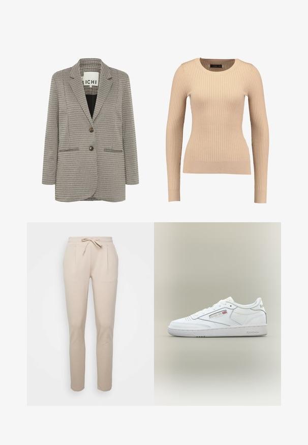 Blazer a cuadros en beige y negro. Diseño estructurado con solapas en pico, dos bolsillos frontales y dos botones marrones en la parte delantera.; Suéter de manga larga de canalé en beige claro, hecho de una tela elástica. Cuenta con un escote redondo y una silueta ajustada con puños acanalados.; Pantalones jogger de color beige claro, confeccionados en una tela suave, con cinturilla ajustable mediante cordón, bolsillos laterales y un diseño de pernera ajustada.; Zapatilla blanca Reebok de corte bajo con detalles de costuras, perforaciones cerca de los dedos y logo de Reebok con una pequeña bandera del Reino Unido en el lateral.