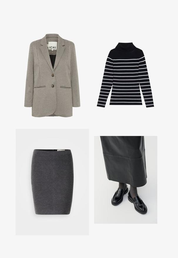 Blazer a cuadros en beige y negro. Diseño estructurado con solapas en pico, dos bolsillos frontales y dos botones marrones en la parte delantera.; Suéter de cuello alto de manga larga a rayas en blanco y negro con textura acanalada, que presenta un cuello doblado y una silueta ajustada.; Falda lápiz de lana gris con una textura suave y un diseño ajustado, que presenta una cinturilla discreta y sin adornos visibles.; Mocasines de cuero negro con un acabado suave, que presentan una tira decorativa, puntera redonda y suela texturizada. Llevados con una falda larga de cuero negro.