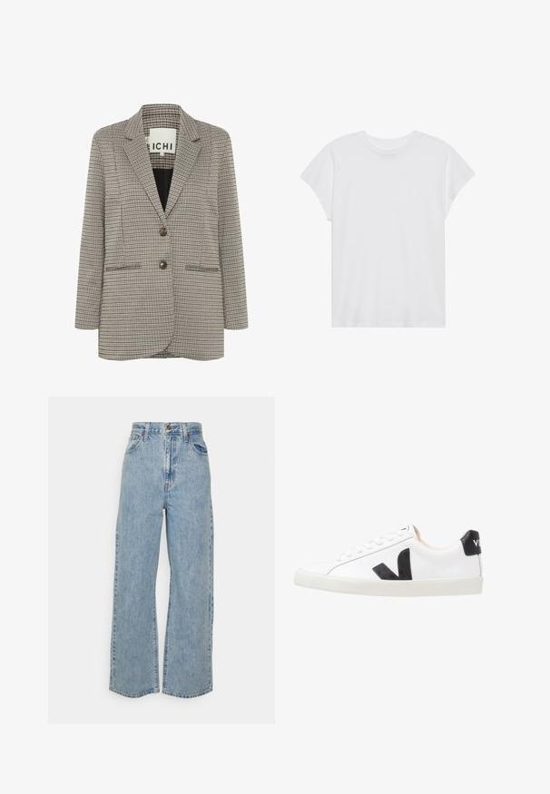 Blazer a cuadros en beige y negro. Diseño estructurado con solapas en pico, dos bolsillos frontales y dos botones marrones en la parte delantera.; Camiseta blanca de manga corta con cuello redondo, corte relajado, hecha de suave tela de algodón. Textura lisa, sin estampados ni logotipos.; Jeans de mezclilla de pierna ancha en azul claro con cintura alta, cierre de botón frontal, cremallera y diseño de cinco bolsillos sobre fondo liso.; Zapatilla blanca con un logo en V negro, con una parte superior de cuero liso, puntera redonda, cierre de cordones y una lengüeta en el talón de color negro en contraste.