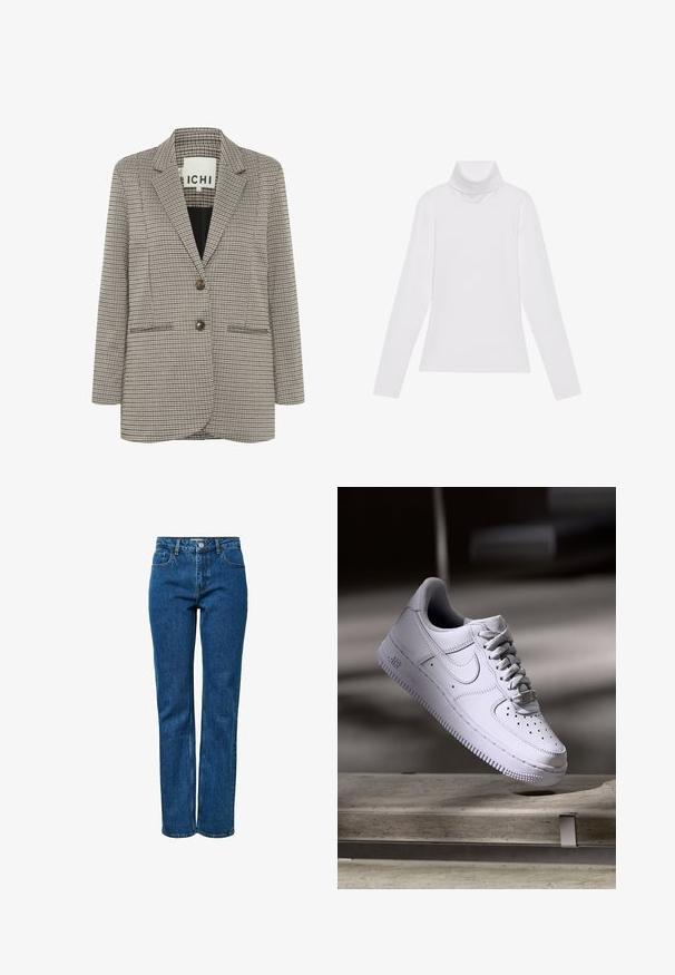 Geruite blazer in beige en zwart. Gestructureerd ontwerp met notch-revers, twee voorzakken en twee bruine knopen aan de voorkant.; Witte lange mouw turtleneck top gemaakt van glad, elastisch materiaal. Voorzien van een hoge kraag en een getailleerd ontwerp, zonder zichtbare patronen of versieringen.; Blauwe jeans met rechte pijpen, vijf zakken, een knoop- en ritssluiting en riemlussen. De jeans staan rechtop op een effen witte achtergrond.; Witte Nike Air Force 1 sneaker die zweeft boven een betonnen oppervlak met schaduwen in een minimalistische setting.