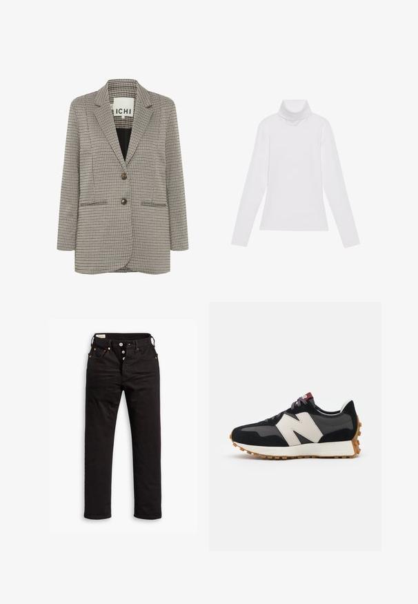 Karierter Blazer in Beige und Schwarz. Strukturiertes Design mit Reverskragen, zwei Fronttaschen und zwei braunen Knöpfen auf der Vorderseite.; Weißes Langarm-Turtleneck-Oberteil aus glattem, elastischem Stoff. Mit hohem Kragen und tailliertem Schnitt, ohne sichtbare Muster oder Verzierungen.; Schwarze Straight-Leg-Jeans mit Knopfverschluss, Vorder- und Gesäßtaschen sowie Kupfennieten auf einem weißen Hintergrund.; Schwarze und graue Wildledersneaker mit einem großen cremefarbenen "N"-Logo, lila Schnürsenkeln und einer strukturierten Gummisohle.
