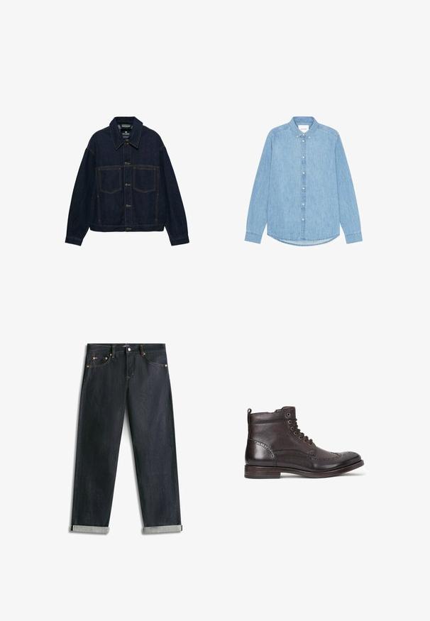 Veste en denim bleu foncé avec fermeture à boutons sur le devant, deux poches poitrine, manches longues et surpiqûres contrastantes.; Chemise en denim bleu clair à manches longues, avec col pointu et ourlet arrondi. Dotée d'une fermeture à boutons sur le devant et d'un petit logo.; Jean en denim bleu foncé avec revers roulés, cinq poches et coutures contrastées, posé à plat sur un fond blanc.; Botte à cheville en cuir marron foncé avec un design à bouts d'wings, bout rond, détails brogue subtils, œillets métalliques et talon plat. Comprend une languette de tirage.