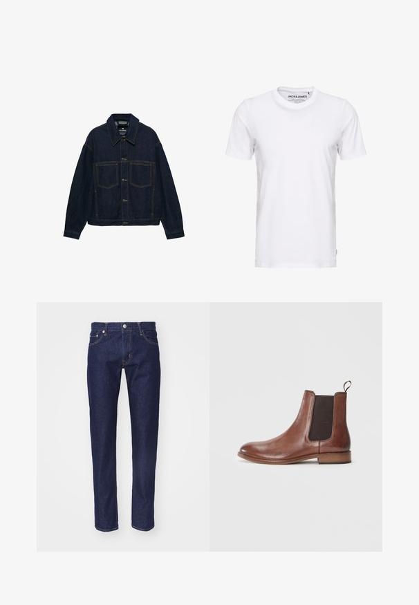 Veste en denim bleu foncé avec fermeture à boutons sur le devant, deux poches poitrine, manches longues et surpiqûres contrastantes.; T-shirt blanc à manches courtes en coton, avec un col rond et un design simple. Étiquette de marque visible au niveau du cou. Aucun motif ni accent.; Jean en denim bleu marine avec une coupe droite, une conception à cinq poches, des coutures orange contrastées et une fermeture à bouton en métal argenté à la taille.; Bottines Chelsea en cuir marron avec une finition lisse, des panneaux latéraux élastiques et une languette, dotées d'un bout arrondi et d'un talon plat en bois.