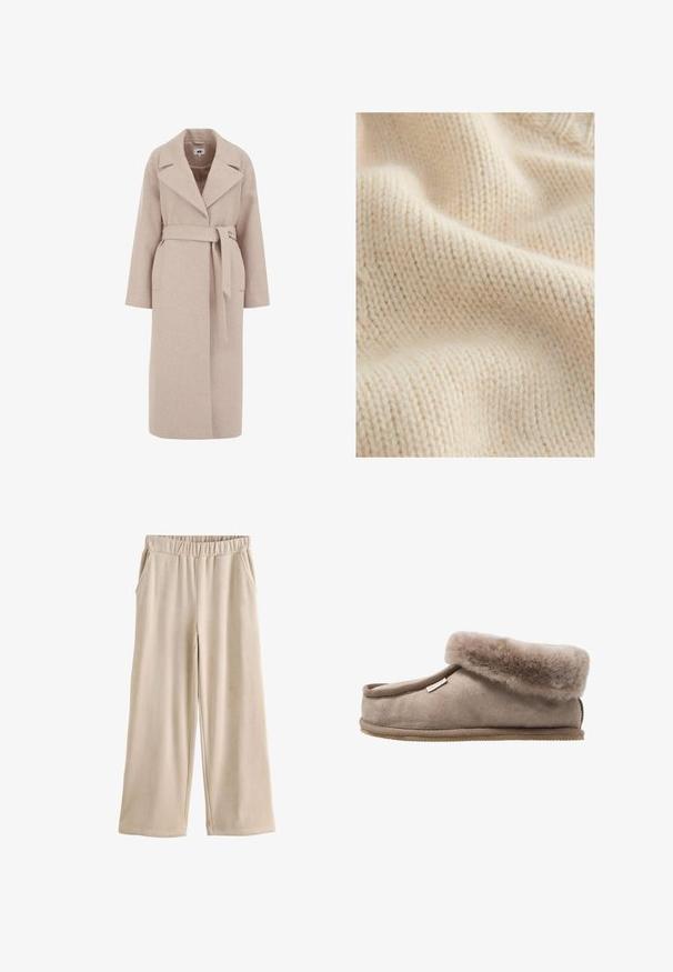 Lys beige uldblandingsfrakke med rullekrave, lange ærmer, belted liv og sidelommer; glat tekstur og knælangt design.; Cremefarvet strikket stof med en tekstureret, blød overflade og synlige søm mønster samt let variation i tykkelsen.; Beige bredbenede fløjlsbukser med elastik i taljen og sidelommer, vist fladt på hvid baggrund.; Brune ruskinds hjemmesko med en blød, fluffy manchet, afrundet tå og en struktureret sål. Designet har en syet kant og et lille mærke.