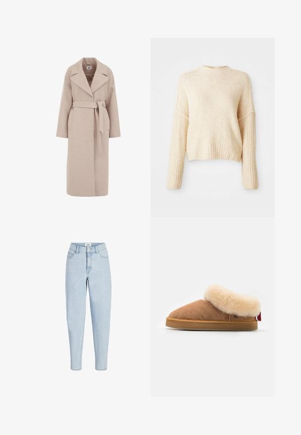 Lys beige uldblandingsfrakke med rullekrave, lange ærmer, belted liv og sidelommer; glat tekstur og knælangt design.; Cremefarvet strikket sweater med ribbede manchetter og nederdel, der har et let cropped design og en afslappet pasform. Blød tekstur, ingen mønstre.; Lyseblå høj-talje jeans med frontknap og lynlås, fem-lommer stil og tilspidsede ben.; Brune ruskindssko med en creme farvet shearling krave, rund tå, tan gummisål og rød detalje bagpå. Blød tekstur og enkelt design.