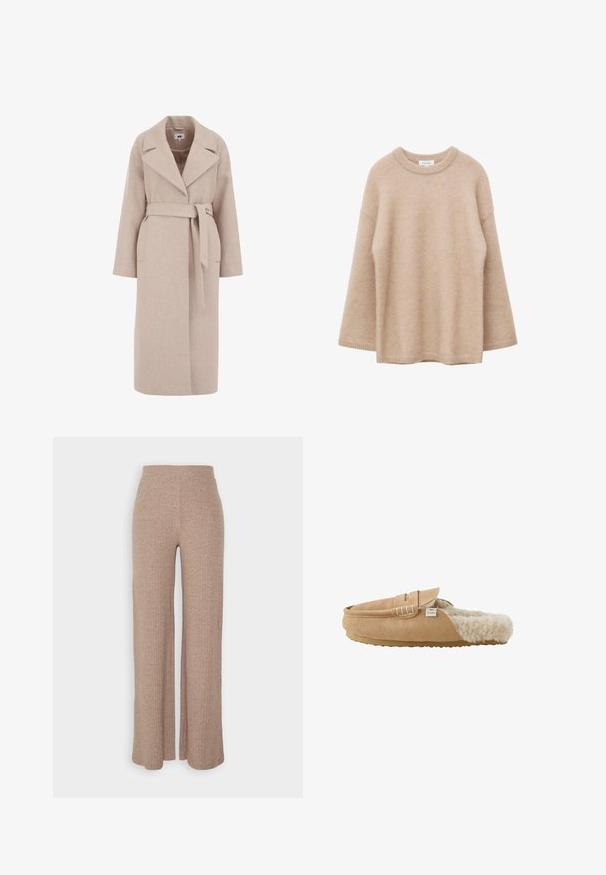 Lys beige uldblandingsfrakke med rullekrave, lange ærmer, belted liv og sidelommer; glat tekstur og knælangt design.; Beige langærmet sweater med rund hals, blød og fnugget tekstur og løs pasform, vist mod en hvid baggrund.; Beige ribbede vide bukser med høj talje og blød tekstur, der har en løs pasform og ingen synlige lukninger.; Lysebrun ruskind slip-on tøffel med blødt cremefarvet imiteret pelsfoder og flad gummisål vist fra siden.