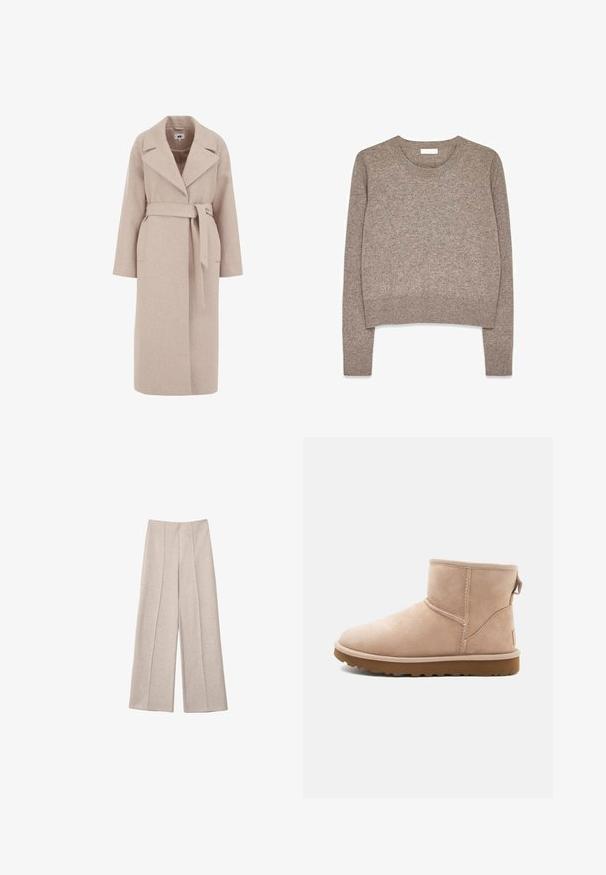 Lys beige uldblandingsfrakke med rullekrave, lange ærmer, belted liv og sidelommer; glat tekstur og knælangt design.; Lysebrun strikket rundhalset sweater med lange ærmer og ribbede manchetter og kant, lagt fladt på en hvid baggrund.; Beige vide bukser lavet af et blødt stof, med markante for-pletter og en skræddersyet høj talje design, uden synlige lommer.; Beige ruskindsankelstøvle med rund tå, synlige sting og en tekstureret brun gummisål. Har en træksløjfe på bagsiden.