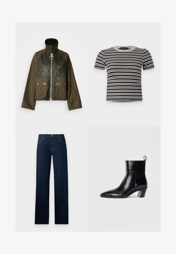 Veste en coton ciré vert foncé et marron, avec un col montant, une fermeture éclair, deux poches avant et des détails en métal doré.; Haut côtelé à manches courtes avec des rayures horizontales noires et blanches, col rond et coupe ajustée.; Jean droit bleu foncé en denim avec cinq poches, fermeture par bouton et surpiqûres jaunes visibles sur les coutures et les passants de ceinture.; Bottine en cuir noir avec un bout pointu, un talon empilé géométrique et une languette à l'arrière. Texture lisse et design épuré.