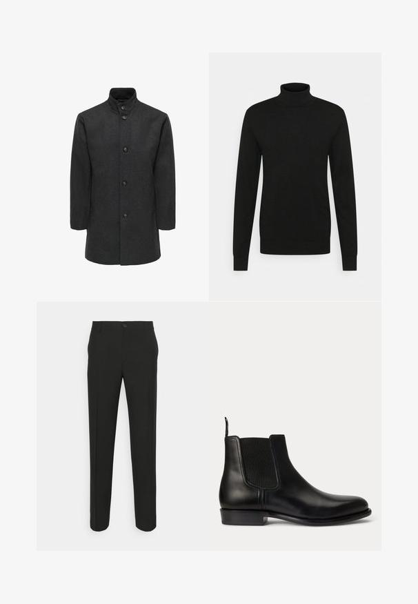 Manteau en laine gris foncé avec un col mandarin, six boutons sur le devant et des poches latérales. Texture lisse avec un design propre et ajusté.; Pull à col roulé noir en matériau doux et extensible. Manches longues, col et poignets côtelés, et silhouette ajustée.; Pantalons noirs ajustés à coupe droite, dotés d'une fermeture à un bouton et de passants de ceinture. Tissu lisse, mat et sans motifs.; Botte Chelsea en cuir noir avec panneau latéral élastique, talon bas et languette à l'arrière, vue de profil sur fond blanc.
