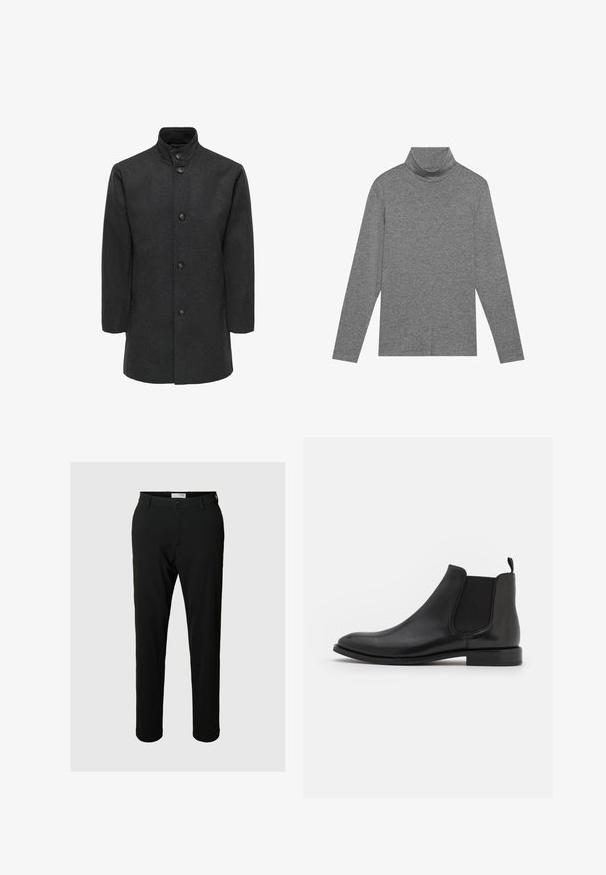 Manteau en laine gris foncé avec un col mandarin, six boutons sur le devant et des poches latérales. Texture lisse avec un design propre et ajusté.; Pull à col cheminée gris à manches longues fabriqué en tissu doux. Caractérisé par un col haut et des manches ajustées, avec une texture lisse et un design épuré.; Pantalons noirs en tissu à texture lisse, avec une fermeture à bouton, des passants de ceinture et des jambes droites.; Bottine Chelsea en cuir noir avec des panneaux latéraux élastiques, un bout arrondi et un petit talon. Texture lisse avec un design minimaliste.