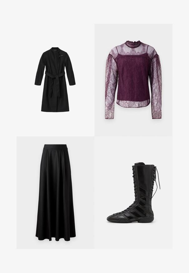 Sort frakke lavet af et glat, struktureret stof. Har et indviklet design, lange ærmer og et bindebånd i taljen. Inkluderer en dekorativ lås.; Lilla blonde bluse med lange ærmer og gennemsigtige sektioner på ærmerne og den øverste del af brystet, med høj hals og intrikate blomster mønstre.; Sort, gulvlange nederdel med en glat tekstur, bred taljeelastik og plisseret design, uden synlige mønstre eller udsmykninger.; Sorte høje støvler lavet af skinnende syntetisk materiale, med et komplikere snøredesign og diagonale stribe-detaljer på siderne.