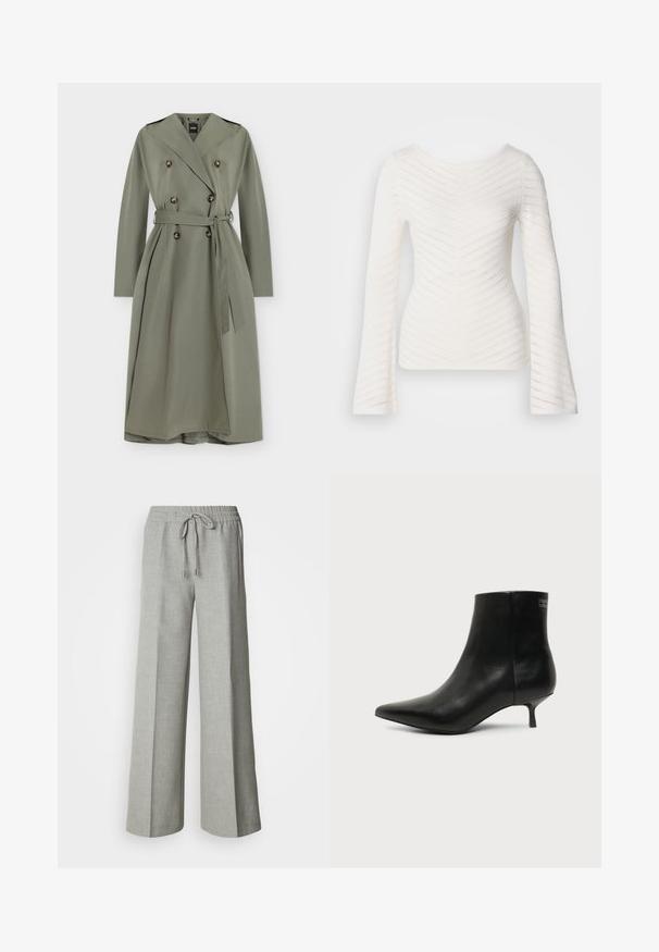 Long trench-coat olive clair à double boutonnage, larges revers, ceinture à la taille et pattes d’épaule, présenté sur fond blanc.; Haut blanc à manches longues avec une coupe ajustée, présentant des motifs en zigzag texturés et un col bateau. Confectionné en tissu doux et léger.; Pantalon ample gris clair avec taille élastique et cordon de serrage, poches avant, et tissu texturé subtil.; Bottine en cuir noir avec bout pointu et petit talon kitten sur fond clair, vue côté extérieur.