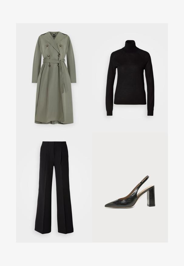 Long trench-coat olive clair à double boutonnage, larges revers, ceinture à la taille et pattes d’épaule, présenté sur fond blanc.; Pull à col roulé noir en tissu tricot léger. Avec des manches longues et une silhouette ajustée dotée de coutures raglan.; Pantalons noirs en tissu lisse, avec une taille haute, une coupe évasée et deux plis sur le devant pour un détail de conception supplémentaire.; Chaussure slingback en cuir noir à bout pointu avec un talon bloc haut et une doublure intérieure beige sur un fond clair uni.