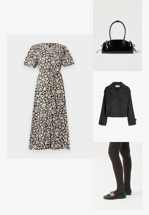 Dunkelgraue, kurz geschnittene, doppelt geknöpfte Wolljacke mit Karomuster, breiten Revers, geknöpften Manschetten und Schulterklappen.; Maxikleid in Schwarz mit einem weißen Floralmuster, ausgestattet mit kurzen Puffärmel, einem V-Ausschnitt und einem Bindegürtel in der Taille.; Beine in dunklen, gerippten Leggings kombiniert mit schwarzen Ballerinas mit kleinen Schleifendetails auf weißem Hintergrund.; Kleine schwarze glänzende Handtasche mit zwei langen Griffen und seitlichen Kordelzug-Details vor einfachem hellem Hintergrund.