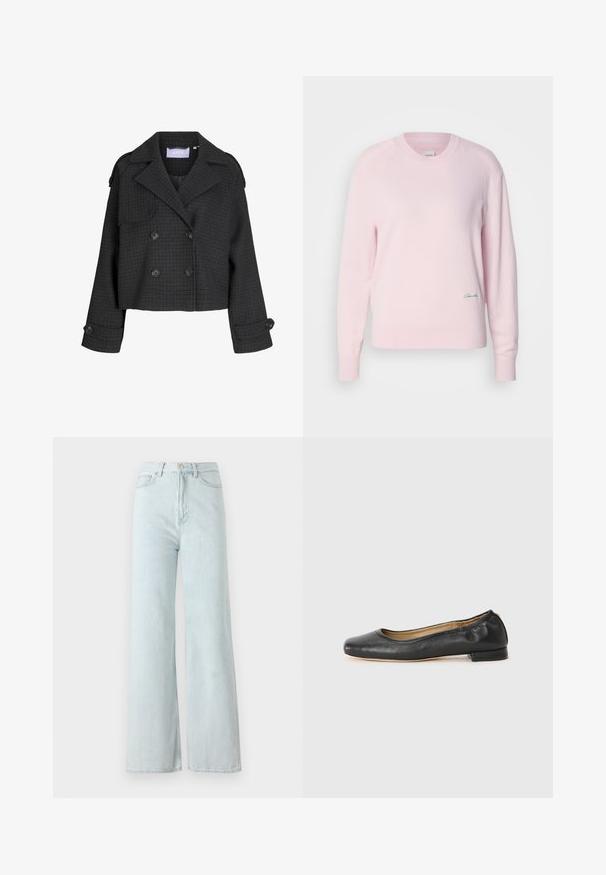 Dunkelgraue, kurz geschnittene, doppelt geknöpfte Wolljacke mit Karomuster, breiten Revers, geknöpften Manschetten und Schulterklappen.; Helles rosa Sweatshirt aus weichem Strickmaterial. Mit Rundhalsausschnitt und langen Ärmeln, versehen mit einem kleinen grünen Logo auf der unteren linken Seite.; Helle blaue, weit geschnittene Jeans mit hoher Taille, hergestellt aus Denim-Stoff. Verfügt über einen Knopf- und Reißverschluss sowie Fronttaschen.; Schwarz Leder Ballerinas mit runder Zehenpartie und minimaler Naht. Niedriger, rechteckiger Absatz und glatte Textur. Dezente Innenfutterdetails.