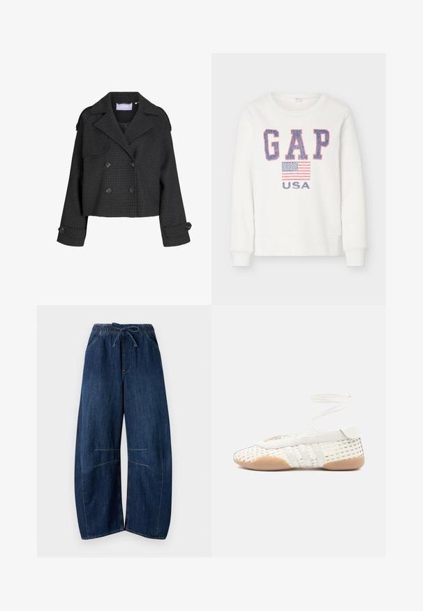 Mørkegrå kort uldjakke med dobbeltradet knaplukning, ternet mønster, brede revers, knappede manchetter og skulderstropper.; Hvid sweatshirt med blå og røde "GAP"-bogstaver, et amerikansk flag grafik og teksten "USA" nedenunder foran.; Bredde denimbukser i mørkeblå. Har en elastisk talje med snøre, to sidelommer og kontrastfarvede sømme.; Hvid vævet sko med tekstureret overdel, rundet tå, hvide læderdetaljer og fleksibel gummisål. Tynde snørebånd monteret.