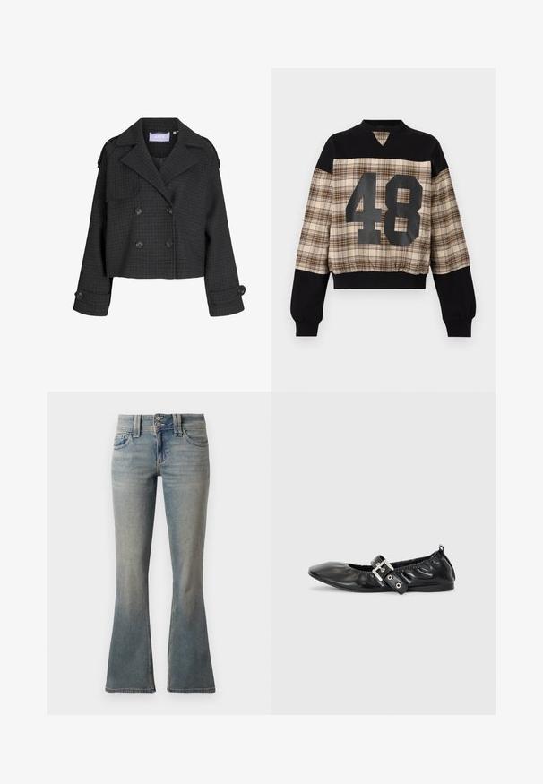 Dunkelgraue, kurz geschnittene, doppelt geknöpfte Wolljacke mit Karomuster, breiten Revers, geknöpften Manschetten und Schulterklappen.; Langärmeliger Pullover mit schwarzem Oberteil und Bündchen, beige-braun kariertem Mittelteil, vorne mit großer schwarzer Nummer 48.; Hellblaue Schlagjeans aus Denim. Verfügt über zwei Vordertaschen, einen Knopfverschluss und eine subtile Verblassung im Stoff.; Schwarze Leder-Ballerinas mit spitzem Zehenbereich, gerafften Details am Schaft und einem silbernen Schnallenakzent am verstellbaren Riemen.