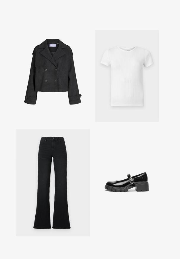 Dunkelgraue, kurz geschnittene, doppelt geknöpfte Wolljacke mit Karomuster, breiten Revers, geknöpften Manschetten und Schulterklappen.; Weißes kurzärmeliges geripptes T-Shirt mit rundem Ausschnitt und dezenten vertikalen Strukturmustern.; Schwarze hochgeschnittene Schlagjeans mit vorderen Taschen, Gürtelschlaufen und Knopfverschluss vor einem weißen Hintergrund.; Schwarzer lackleder Mary Jane Schuh mit einem klobigen Absatz, runder Spitzenform und einem Riemen mit einer herzförmigen Schnalle.