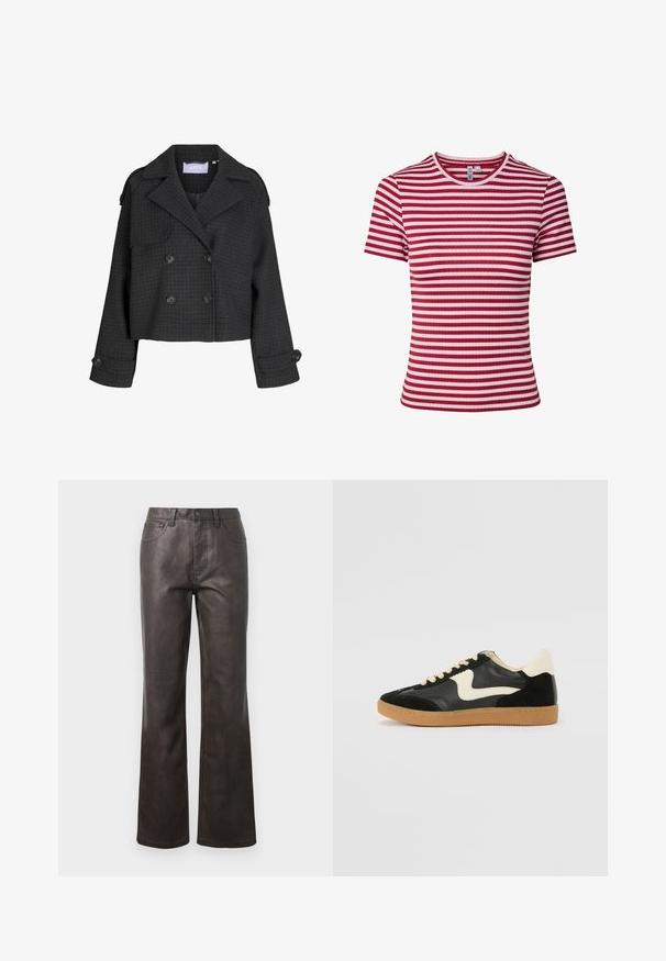 Mørkegrå kort uldjakke med dobbeltradet knaplukning, ternet mønster, brede revers, knappede manchetter og skulderstropper.; Kortærmet, ribstrikket t-shirt med horisontale røde og lyserøde striber og rund halsudskæring.; Brune læderbukser med høj talje, lige ben, synlige stikninger og fem lommer. Glat tekstur, minimal glans.; Sorte ruskinds- og lædersneakers med en cremefarvet side-swoosh og lys cremefarvet hæl. Har beige snørebånd og en gummirubber-sål.