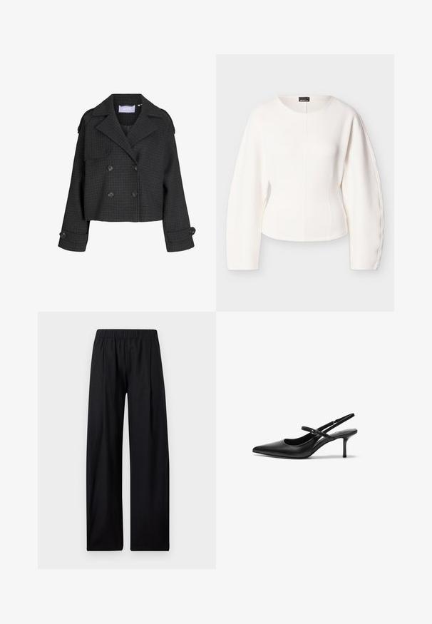 Mørkegrå kort uldjakke med dobbeltradet knaplukning, ternet mønster, brede revers, knappede manchetter og skulderstropper.; Hvid cropped top med lange, strukturerede ærmer. Glat tekstur, rund halsudskæring og detalje med central søm. Minimalistisk design, uden synlige lukninger.; Sorte bukser med vide ben, elastisk talje, lige snit og uden synlige lommer eller mønstre, vist på en ensfarvet hvid baggrund.; Sorte læder slingback hæle med spids tå, slank justerbar rem og en stiletto hæl på cirka 5 cm, glat tekstur.
