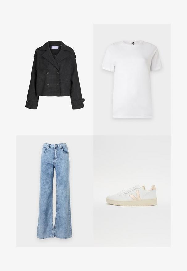 Donkergrijs, cropped, double-breasted wollen jasje met ruitpatroon, brede revers, mouwen met knopen en schouderepauletten.; Effen wit katoenen T-shirt met korte mouwen en een ronde hals, voorzien van een klein subtiel logo vlak bij de borst en een label bij de kraag.; Lichtblauwe, wijde jeans met hoge taille, voorzien van een knoop- en ritssluiting aan de voorkant, twee steekzakken en broekriemlussen.; Witte lage sneakers van leer met geperforeerde textuur, met metallic roségouden accenten aan de zijkant en achterkant. Rubberen zool.