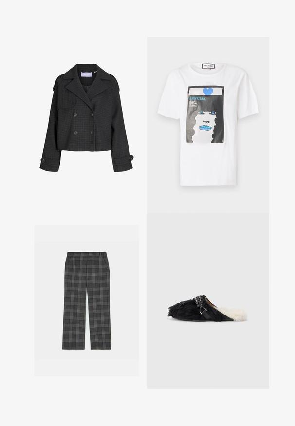 Donkergrijs, cropped, double-breasted wollen jasje met ruitpatroon, brede revers, mouwen met knopen en schouderepauletten.; Witte katoen t-shirt met een grafische print van een gezicht met blauwe lippen en ogen, omrand door een zwarte rand en blauwe hartdetails.; Zwarte en grijze geruite broek met een rechte snit, voorzien van een tailleband en twee zijzakken, gemaakt van een textuurstof.; Zwarte slippers van bont met een witte bontvoering en een decoratieve kettingriem. Het ontwerp is instapmodel met een platte zool.