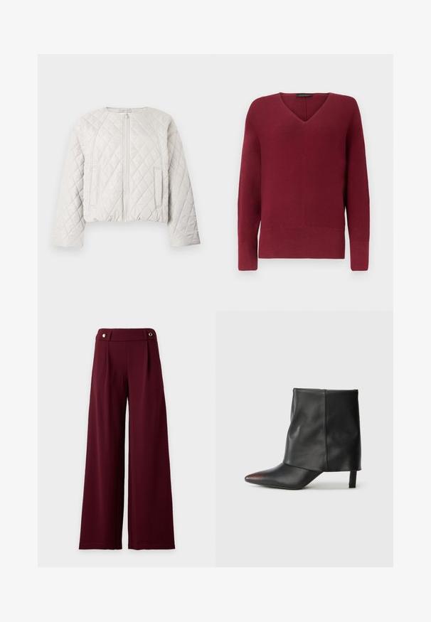 Veste matelassée courte en gris clair. Elle présente une fermeture éclair frontale, un col rond et deux poches latérales. Texture lisse avec un motif en losange.; Pull en maille bordeaux pour femmes à manches longues, col en V, avec poignets et ourlet côtelés.; Pantalon à jambes larges et taille haute en tissu bordeaux foncé avec une ceinture ajustée ornée de deux boutons dorés.; Bottine noire en cuir lisse avec un bout pointu et un talon effilé. La tige présente un design légèrement froncé.