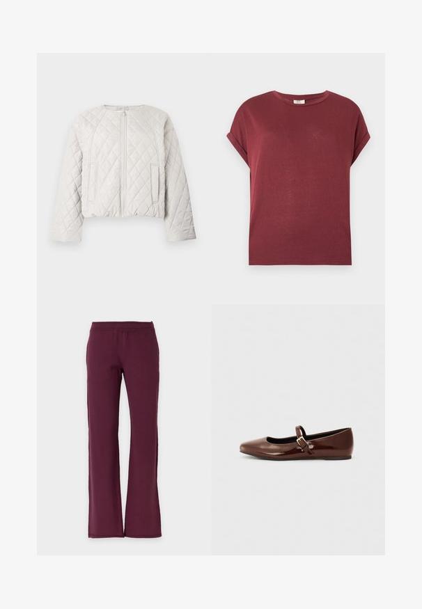 Veste matelassée courte en gris clair. Elle présente une fermeture éclair frontale, un col rond et deux poches latérales. Texture lisse avec un motif en losange.; T-shirt bordeaux à manches courtes avec poignets retroussés, encolure ronde et coupe décontractée sur un fond uni clair.; Pantalon droit de couleur bordeaux foncé uni avec une taille élastique, en tissu doux.; Ballerine en cuir verni marron avec un bout carré et une lanière ornée d'une petite boucle dorée. Texture lisse, talon bas et design minimaliste.